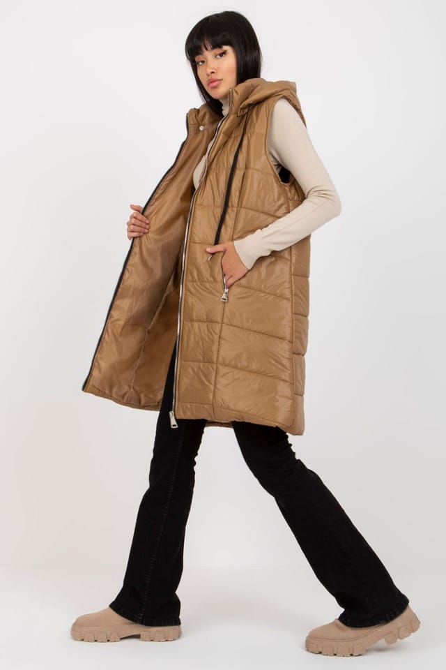 Love Lace Love Lace Women's Quilted Down Vest Extended Zip Hood Pockets in Brown - 2