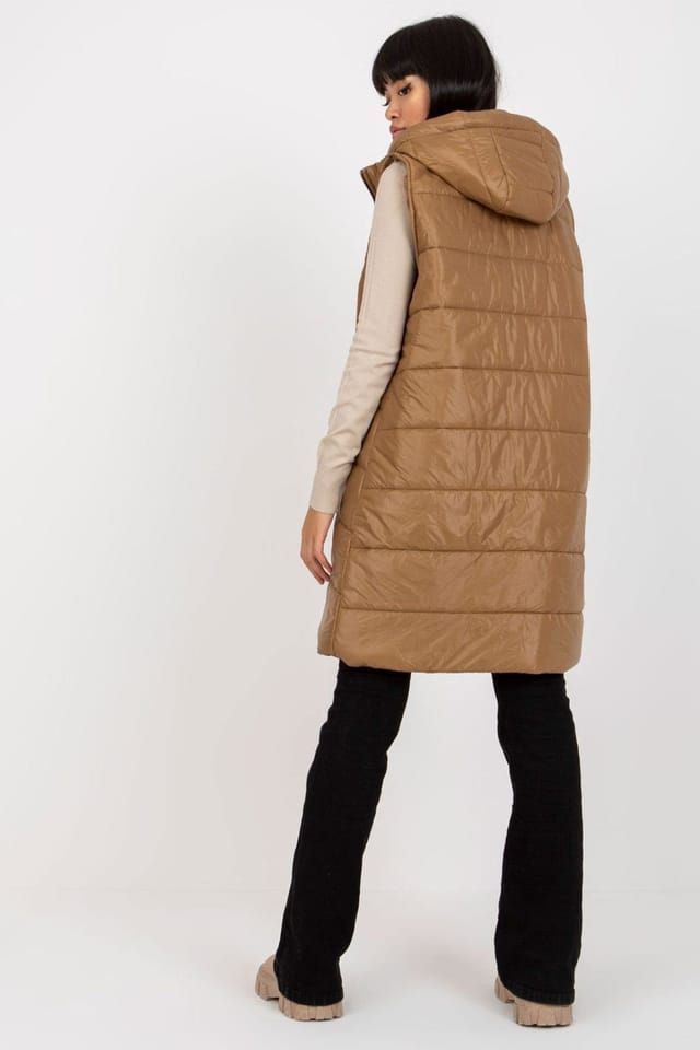 Love Lace Love Lace Women's Quilted Down Vest Extended Zip Hood Pockets in Brown - 3