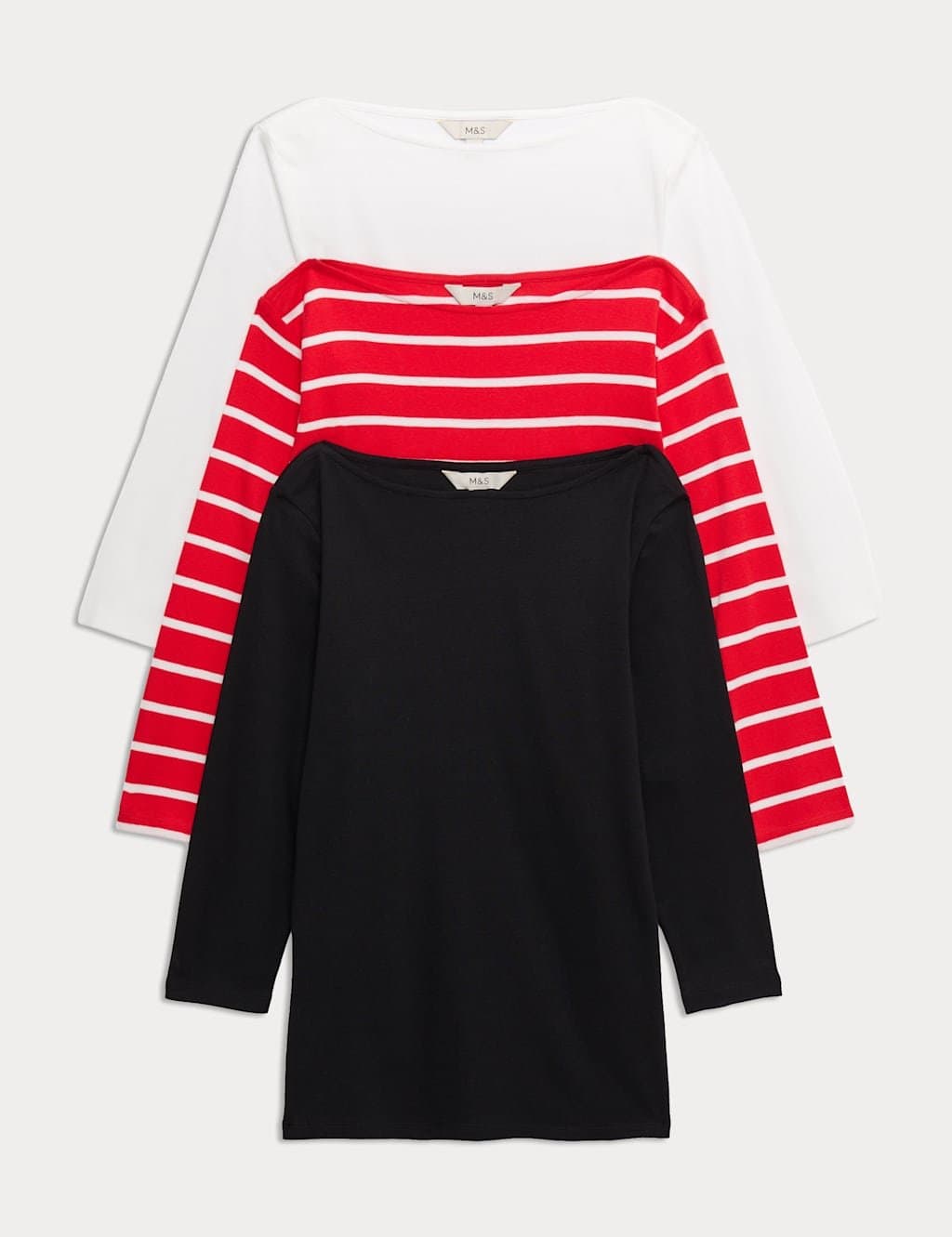 Marks & Spencer M&S 3 Pack Pure Cotton Slash Neck Slim Fit Tops Red Mix