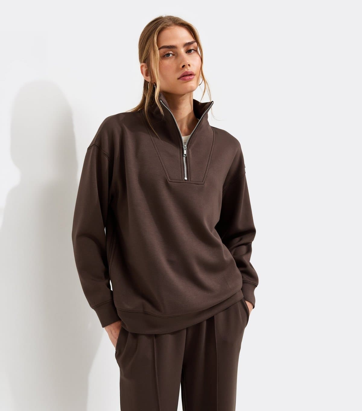 New Look Women's Premium Brown Three Quarter Zip Sweatshirt New Look