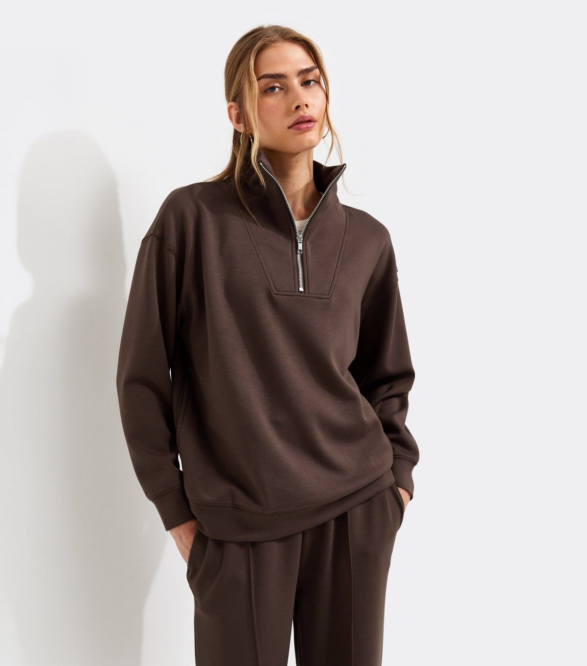Women's Premium Brown Three Quarter Zip Sweatshirt New Look