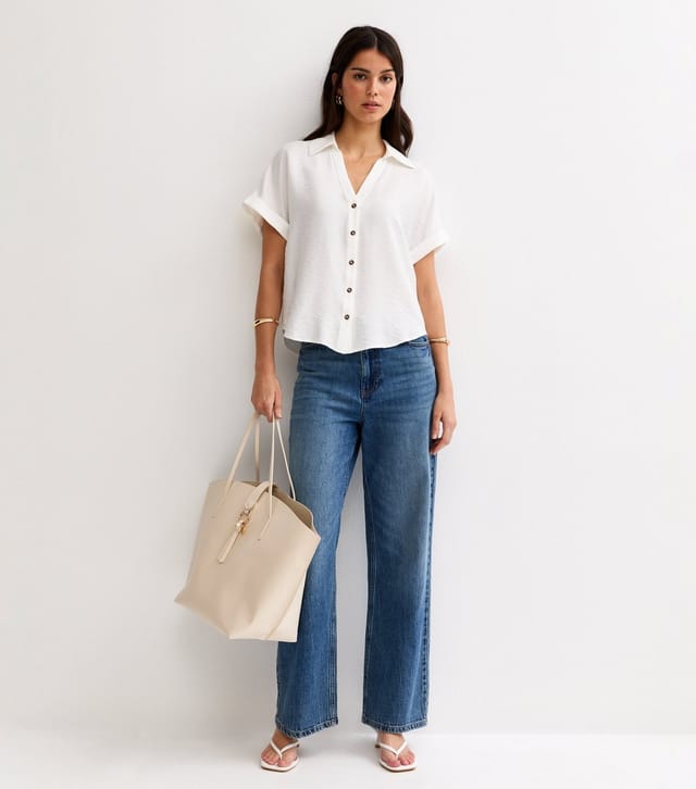 New Look Women's White Collared V Neck Short Shirt New Look - 3