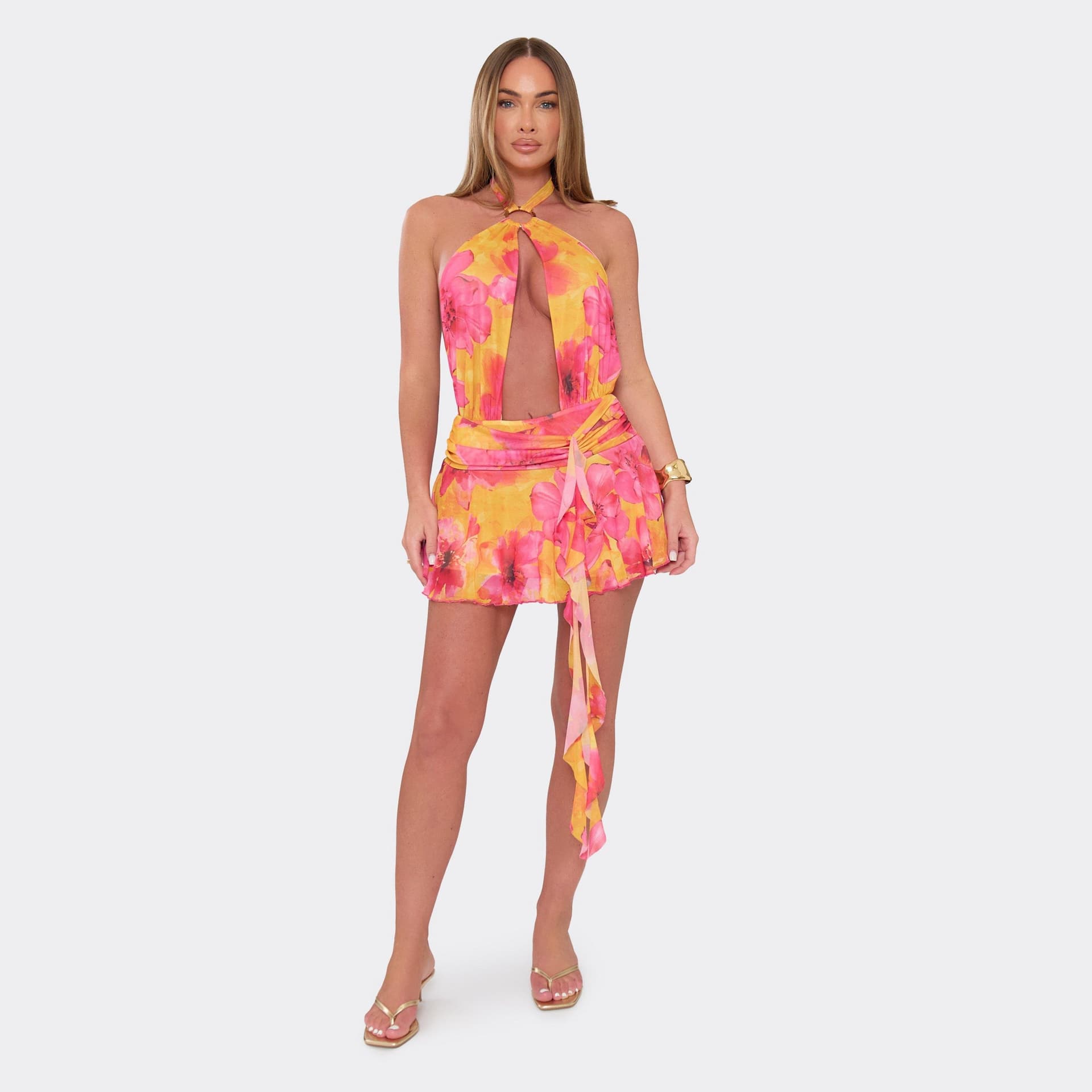 EGO Halterneck Cut Out Trim Detail Frill Drape Mini Dress In Pink And Orange Floral Print, Women's Size UK 6