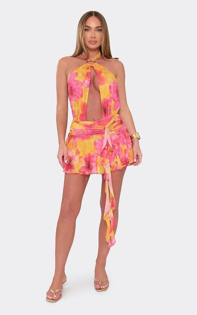 EGO Halterneck Cut Out Trim Detail Frill Drape Mini Dress In Pink And Orange Floral Print, Women's Size UK 6 - 2