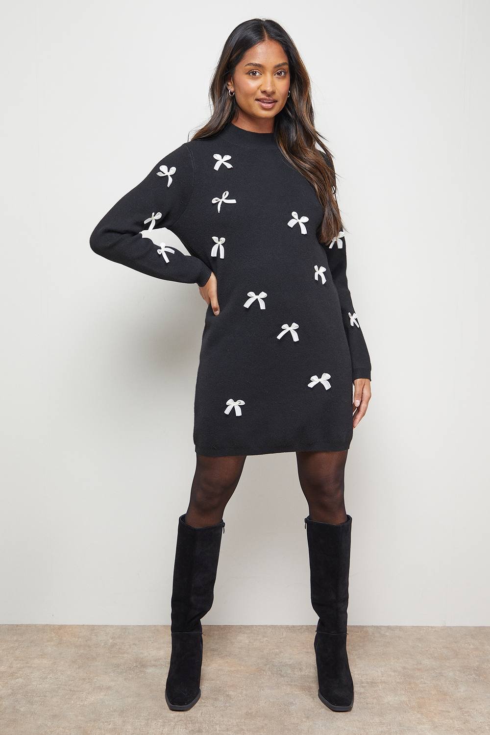 Oasis Oasis Women's Bow Front High Neck Knitted Mini Dress in Black - 2