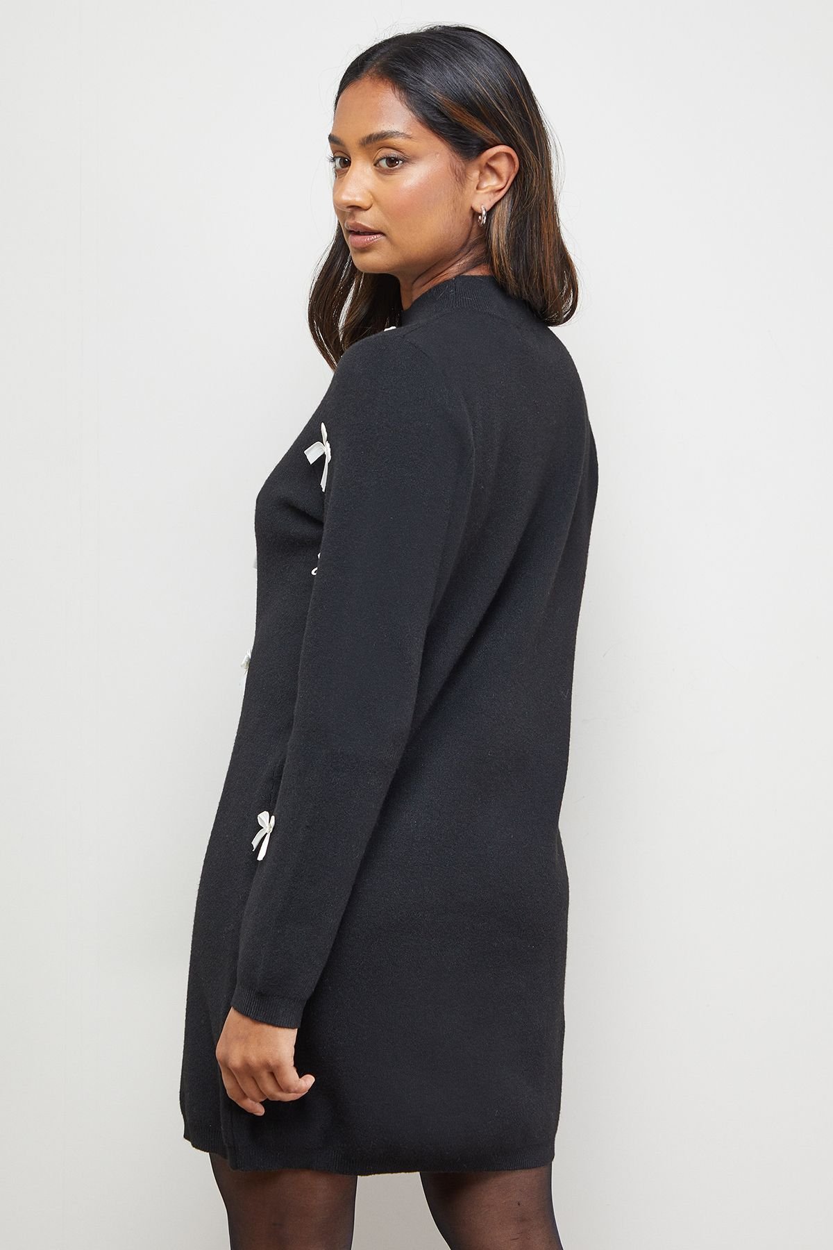 Oasis Oasis Women's Bow Front High Neck Knitted Mini Dress in Black - 3