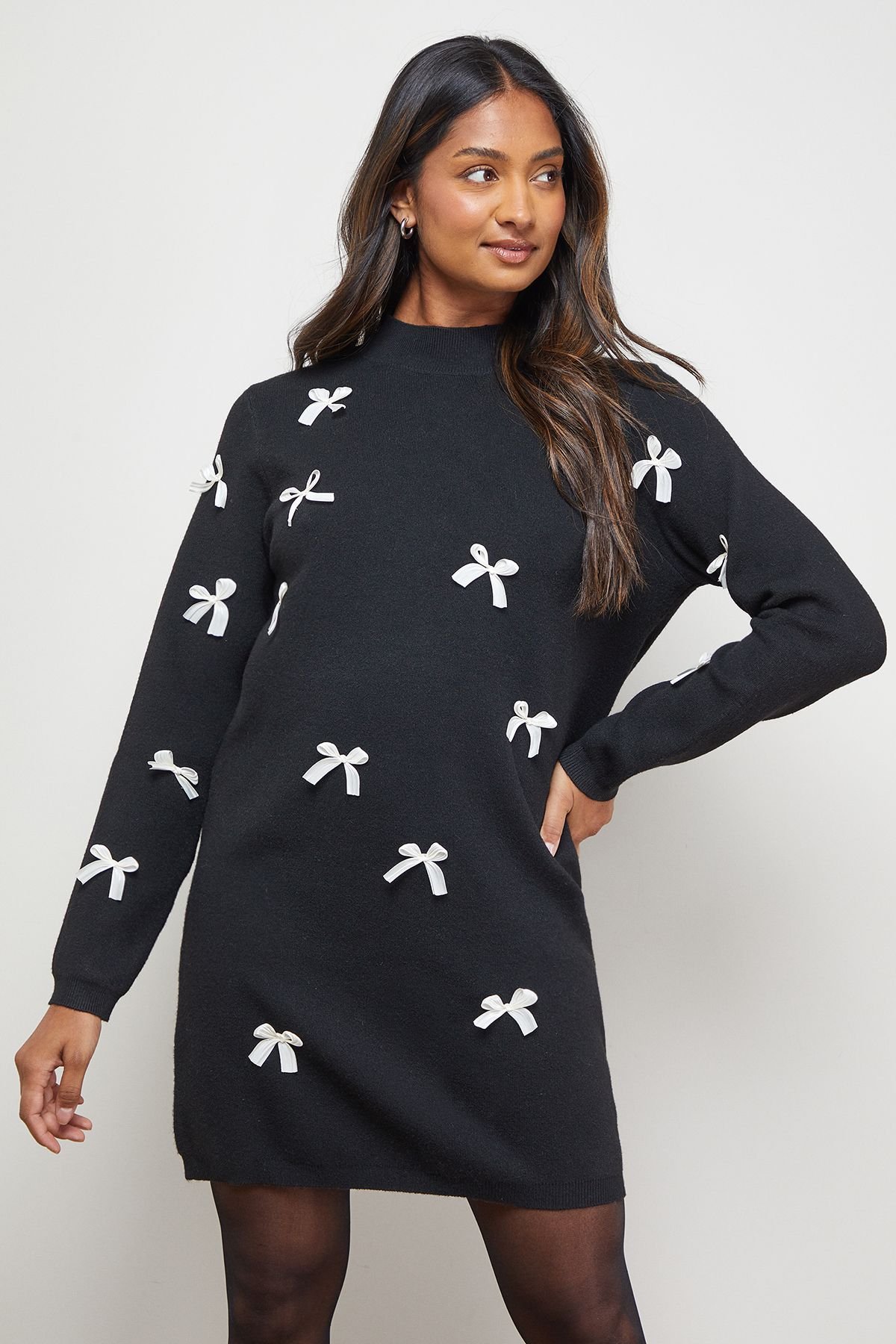 Oasis Oasis Women's Bow Front High Neck Knitted Mini Dress in Black - 4