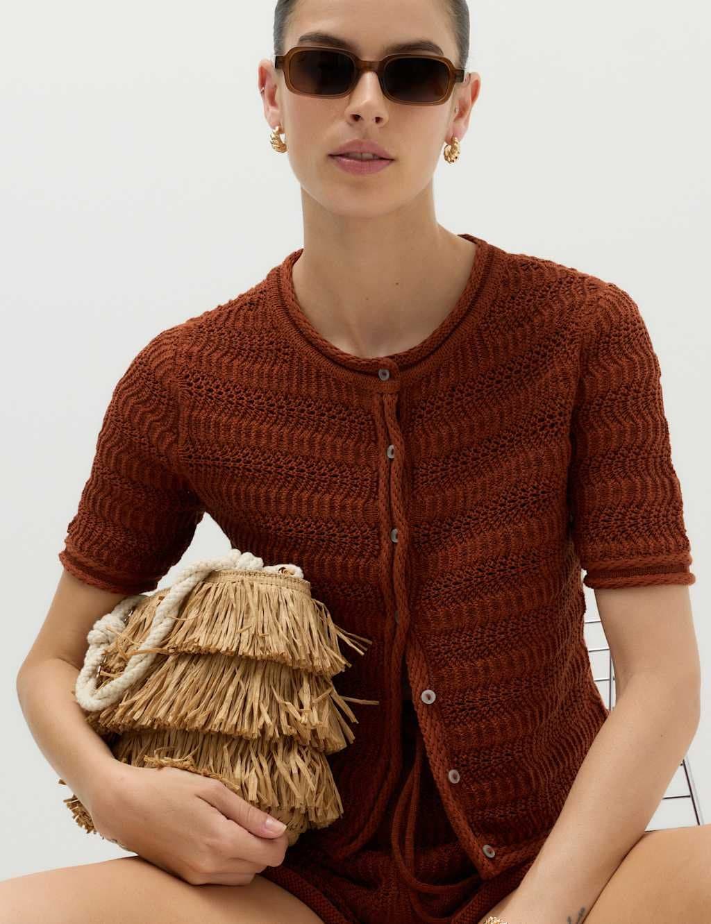 Marks & Spencer M&S Cotton Blend Textured Cropped Cardigan Brandy