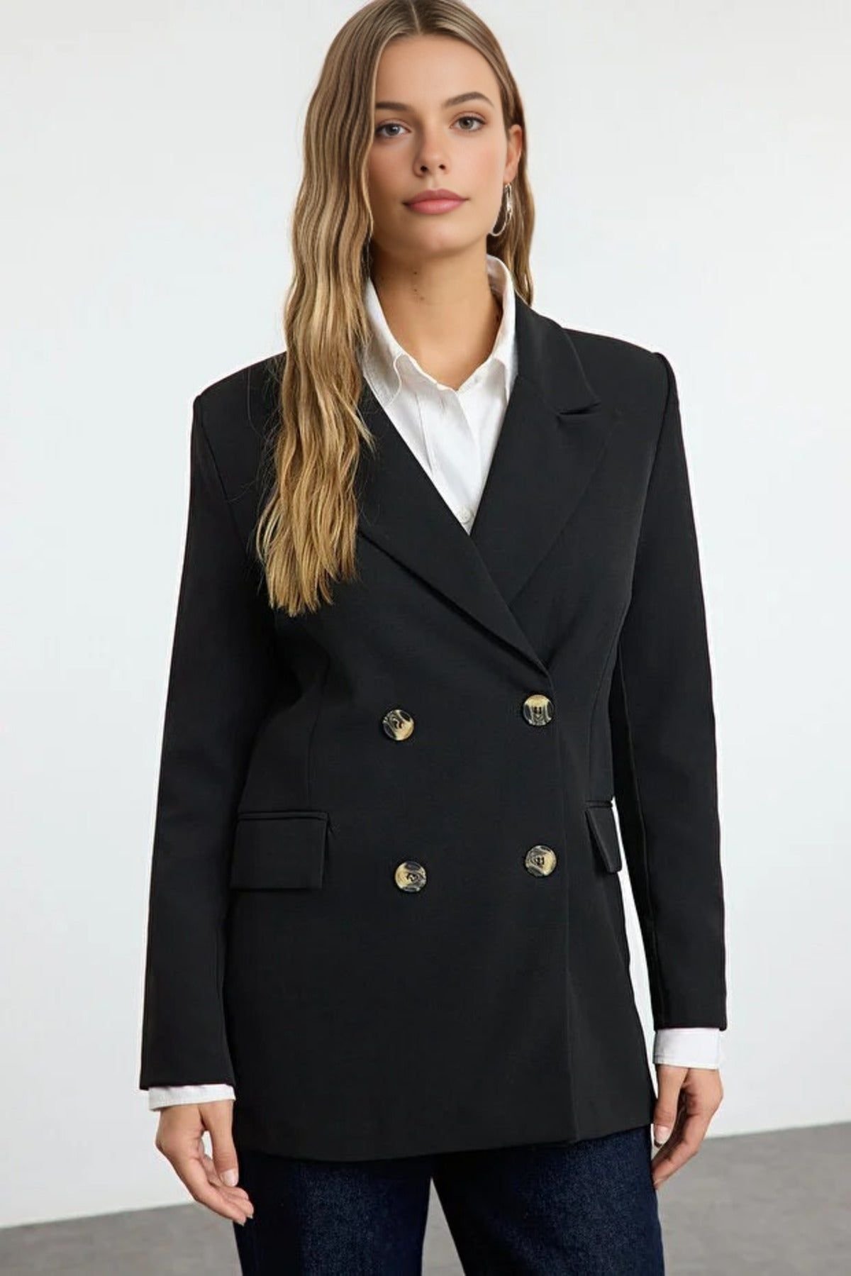 WOVCOR WOVCOR Women's Oversized Double-Breasted Tailored Woven Blazer Jacket in Black - 1