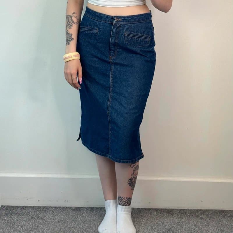 New Look Y2K vintage denim midi skirt dark blue knee length mid rise side splits western