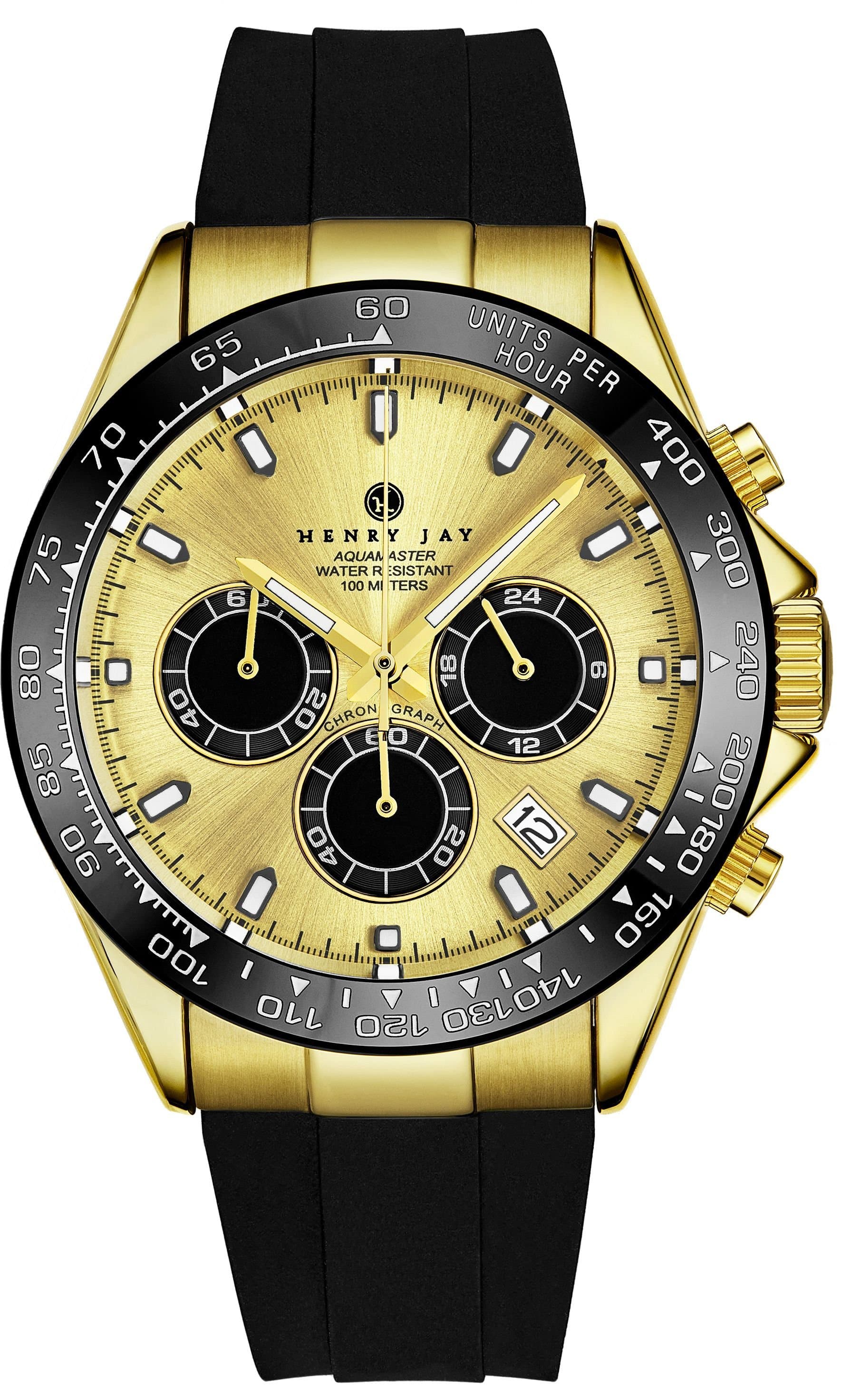 Henry Jay Henry Jay Gold Quartz Chronograph Watch, Black Rubber Band