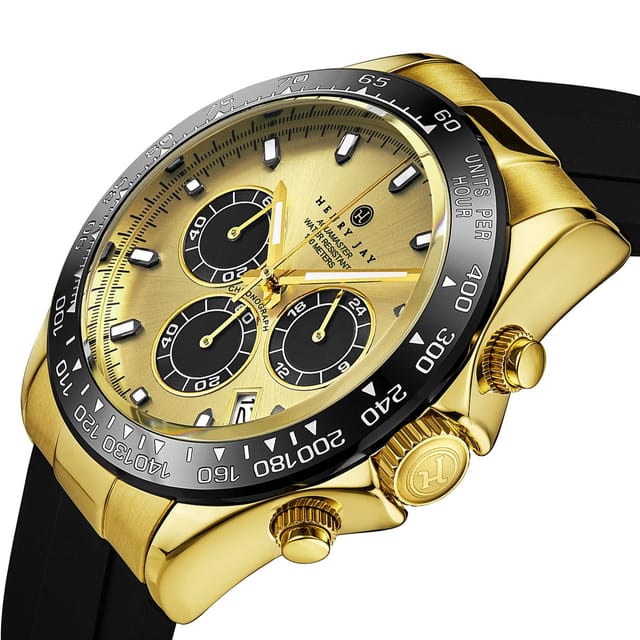 Henry Jay Henry Jay Men's Aquamaster Quartz Chronograph Watch Screw Down Crown Luminous Hands, Black Rubber Band 42mm Case Date Water Resistance in Gold - 2