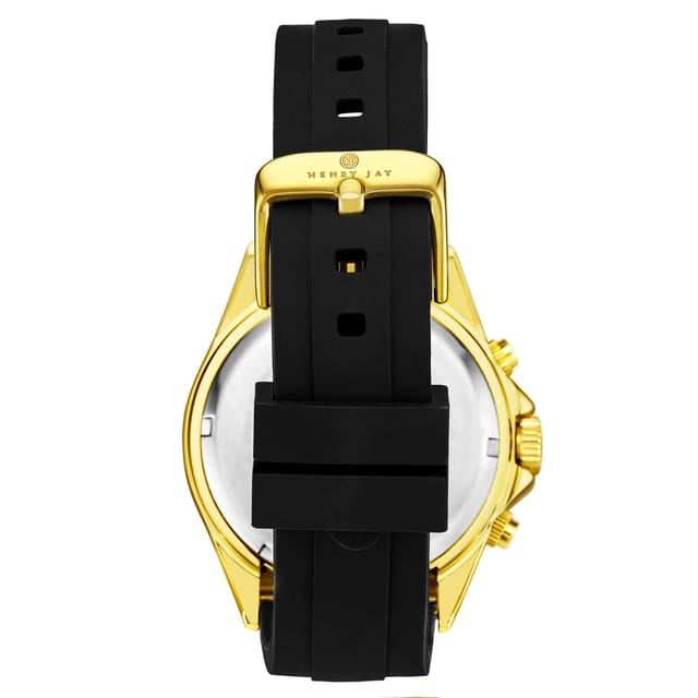 Henry Jay Henry Jay Men's Aquamaster Quartz Chronograph Watch Screw Down Crown Luminous Hands, Black Rubber Band 42mm Case Date Water Resistance in Gold - 3