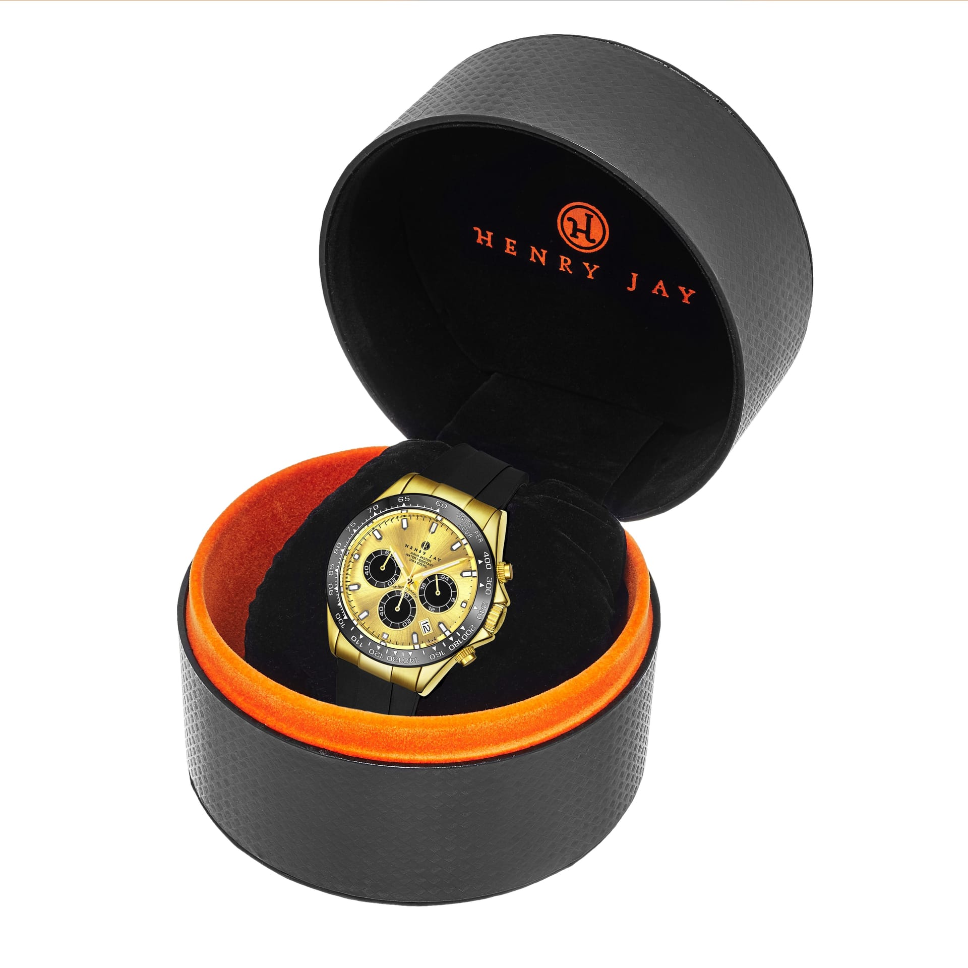 Henry Jay Henry Jay Men's Aquamaster Quartz Chronograph Watch Screw Down Crown Luminous Hands, Black Rubber Band 42mm Case Date Water Resistance in Gold - 4