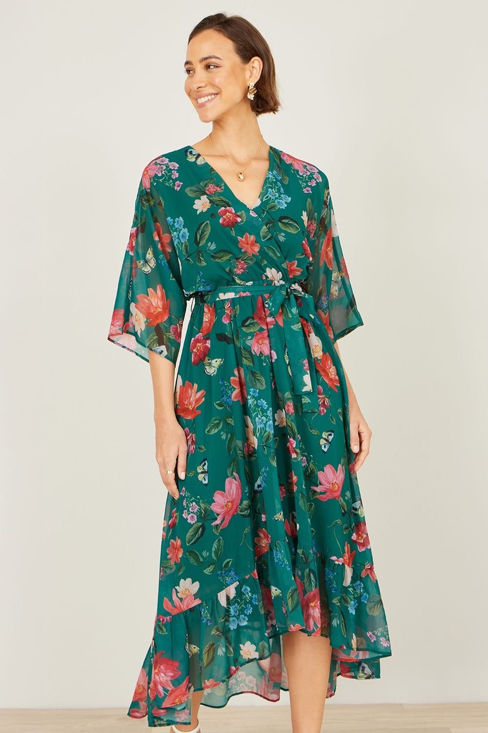 Yumi Yumi Women's Floral Kimono Wrap Dress With Dip Hem in Green - 1