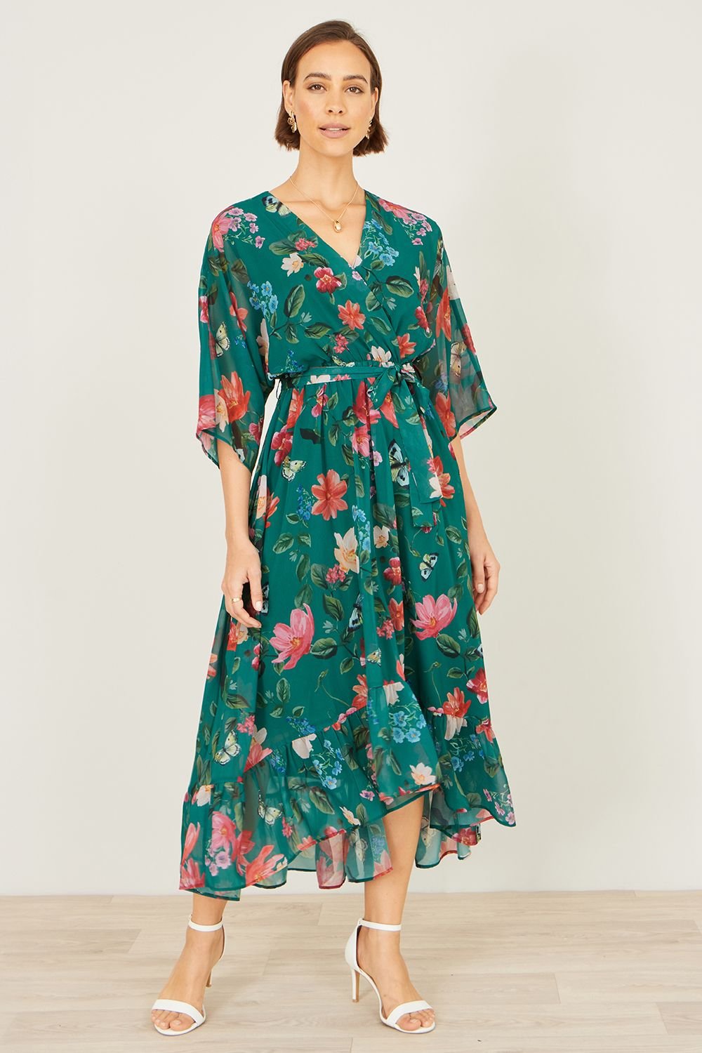 Yumi Yumi Women's Floral Kimono Wrap Dress With Dip Hem in Green - 2