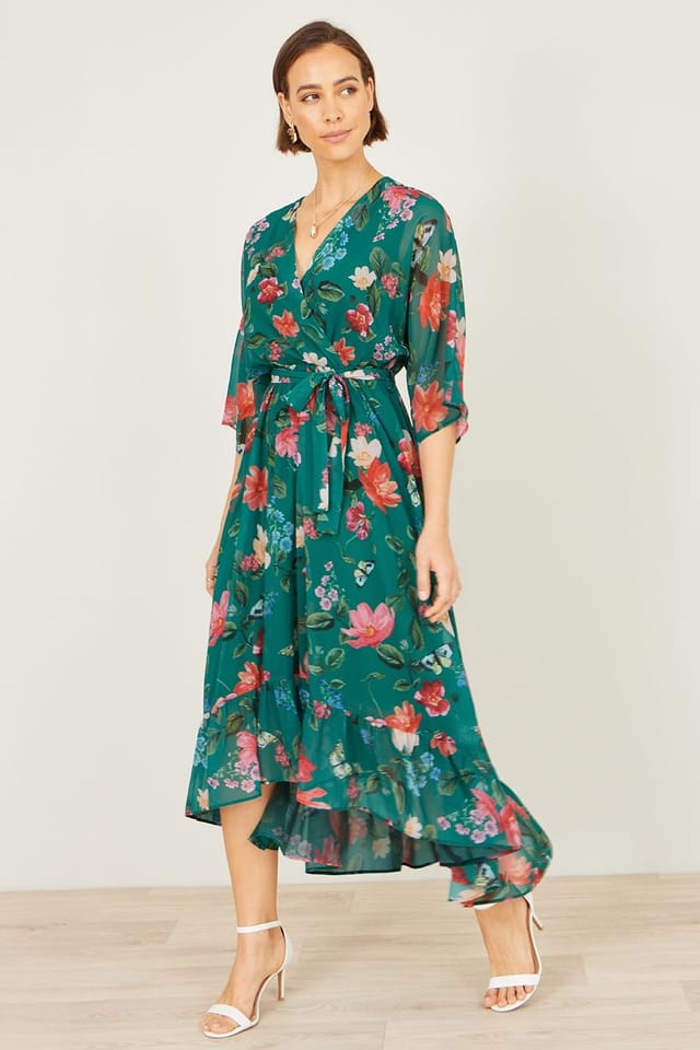 Yumi Yumi Women's Floral Kimono Wrap Dress With Dip Hem in Green - 3