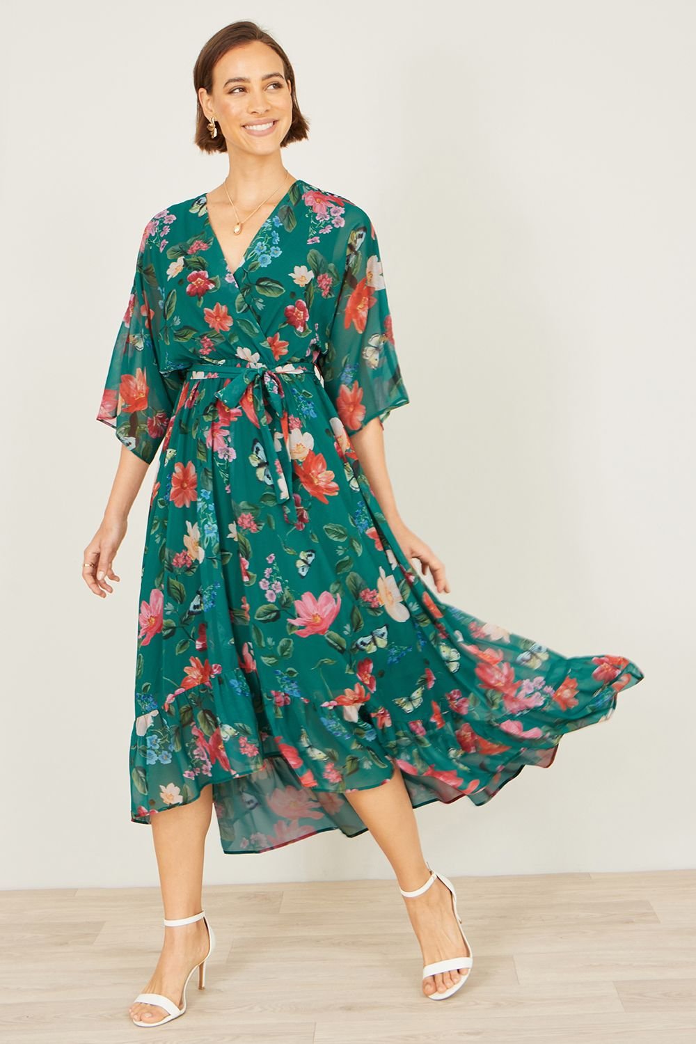 Yumi Yumi Women's Floral Kimono Wrap Dress With Dip Hem in Green - 4