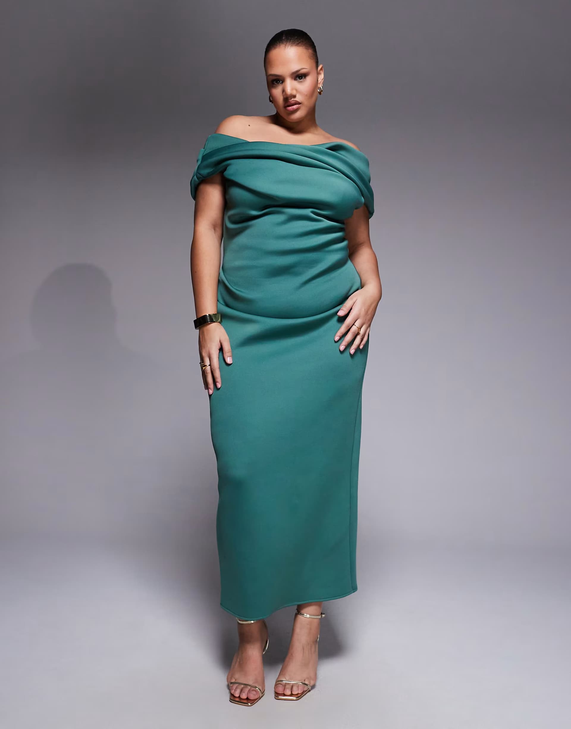 ASOS ASOS DESIGN Curve bardot midi dress with split in teal scuba-style fabric