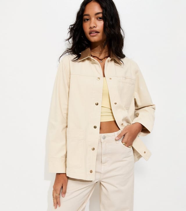 New Look Women's Off White Cotton Longline Corduroy Collar Jacket New Look - 2