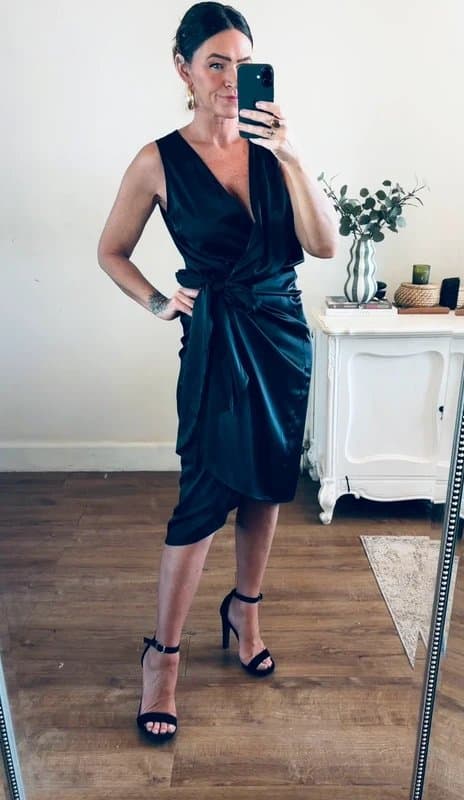 Never Fully Dressed Never Fully Dressed black satin wrap midi dress size 8 / 10