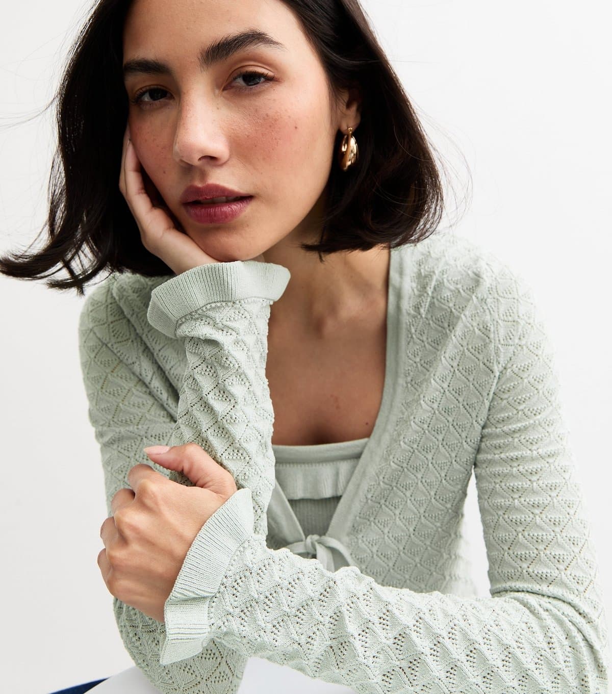 New Look Women's Light Green Pointelle Knit Tie Front Cardigan New Look