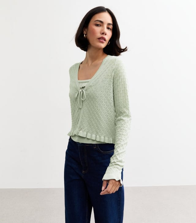 New Look Women's Light Green Pointelle Knit Tie Front Cardigan New Look - 2