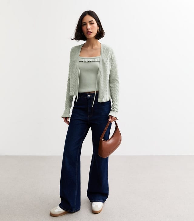 New Look Women's Light Green Pointelle Knit Tie Front Cardigan New Look - 3