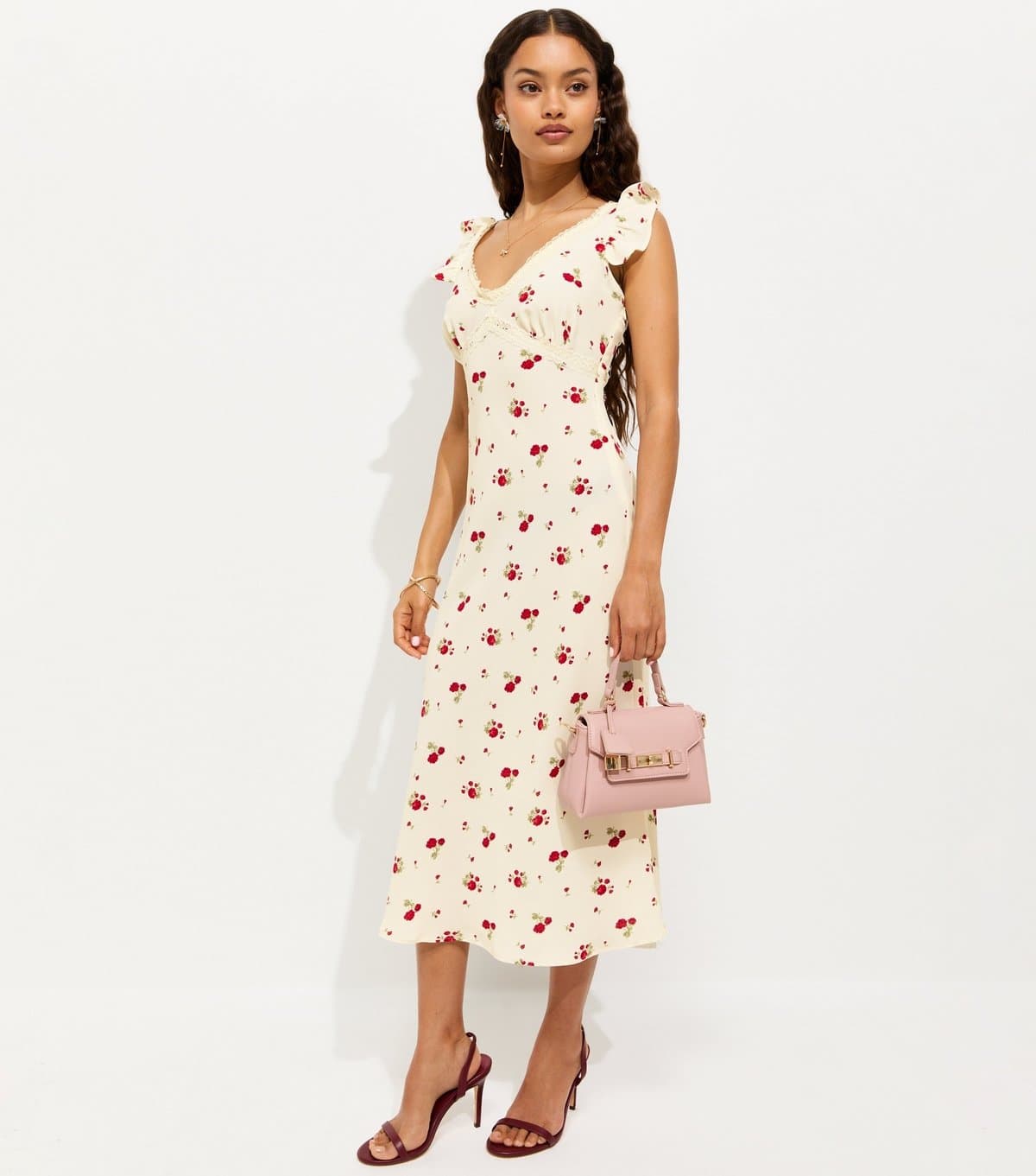 New Look Women's Petite Cream Rose Print Lace Trim Midi Tea Dress New Look
