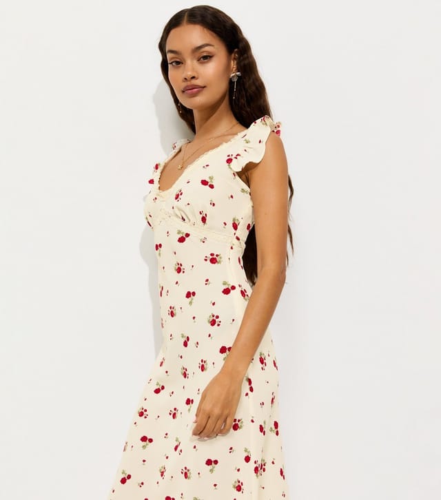 New Look Women's Petite Cream Rose Print Lace Trim Midi Tea Dress New Look - 2