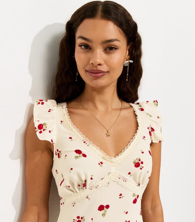 New Look Women's Petite Cream Rose Print Lace Trim Midi Tea Dress New Look - 3