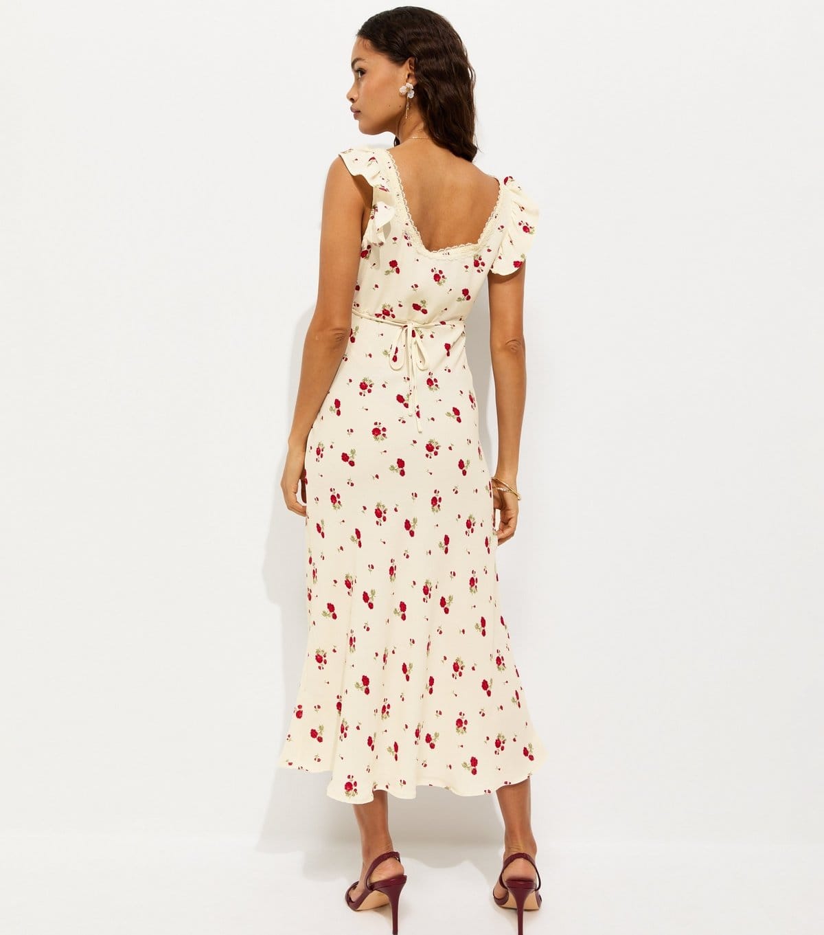 New Look Women's Petite Cream Rose Print Lace Trim Midi Tea Dress New Look - 4