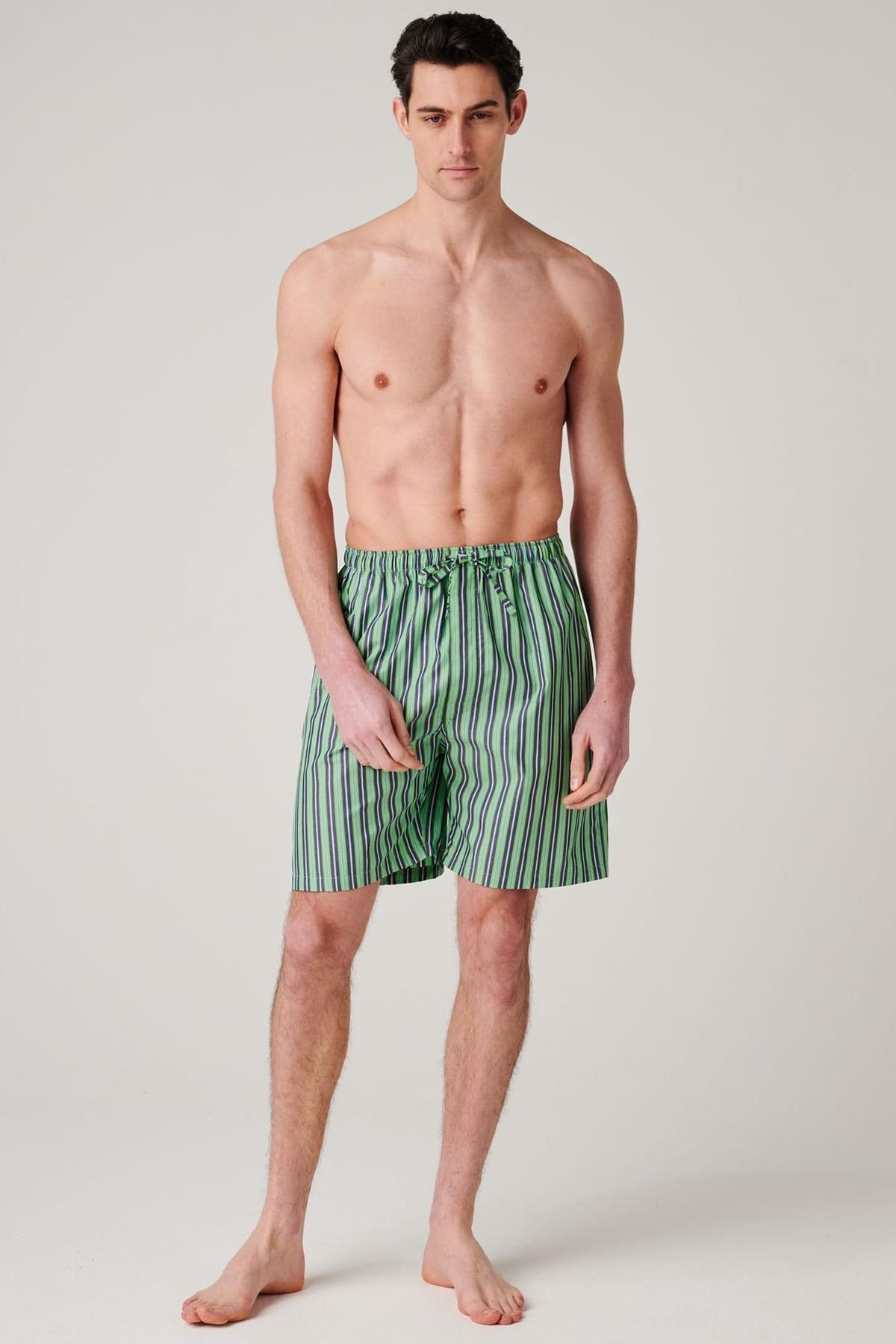 British Boxers British Boxers Men's "Green Flash Stripe" Crisp Cotton Sleep Shorts in Green - 1