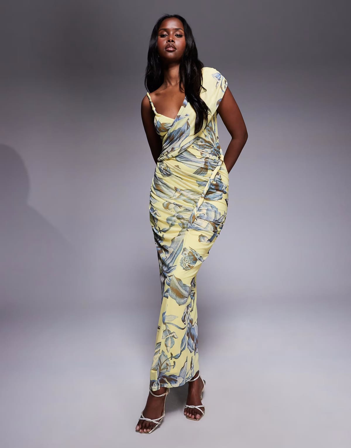 ASOS ASOS DESIGN printed mesh one shoulder ruched maxi dress in yellow floral print - 1