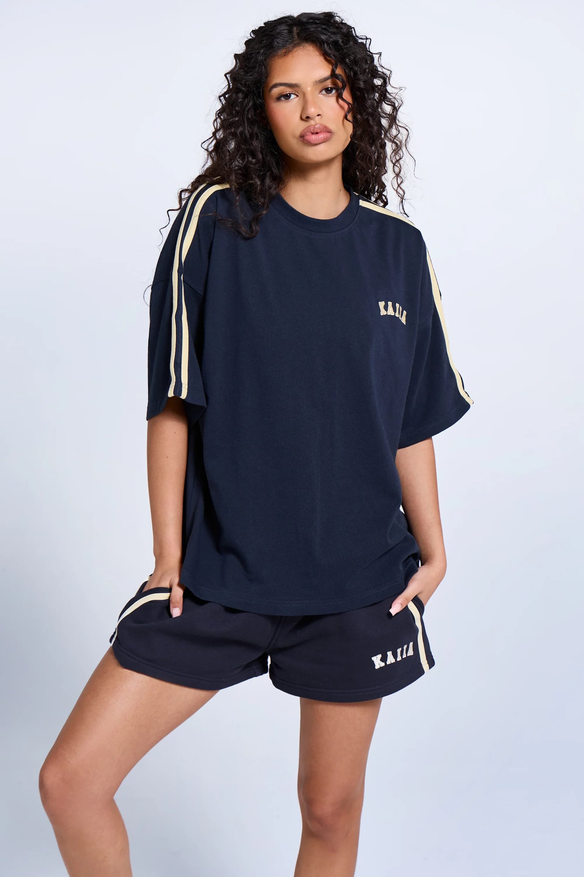 Kaiia Kaiia Side Stripe Oversized T-shirt Ink Blue & Lemon