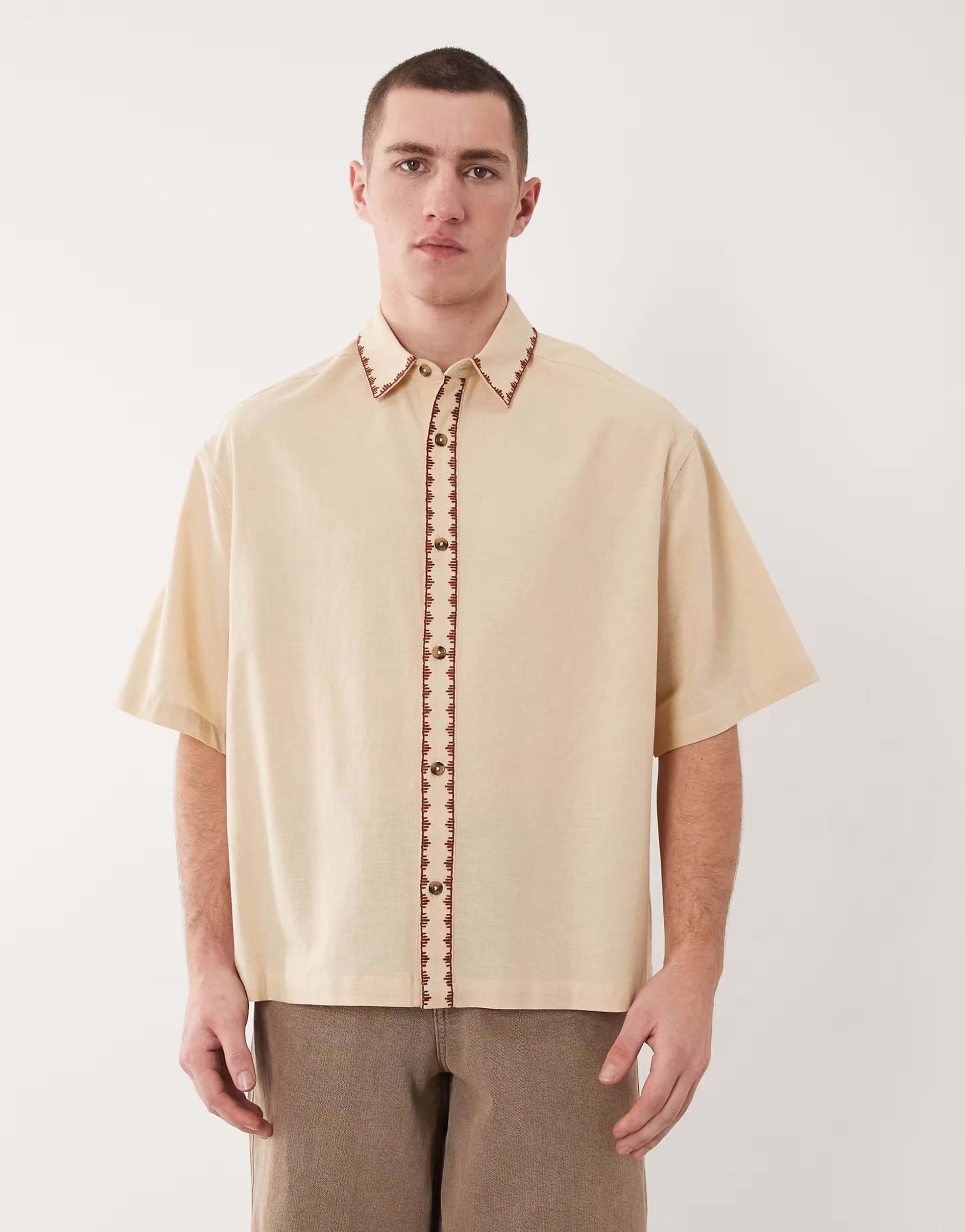 ASOS ASOS DESIGN boxy oversized shirt with linen and embroidery in beige