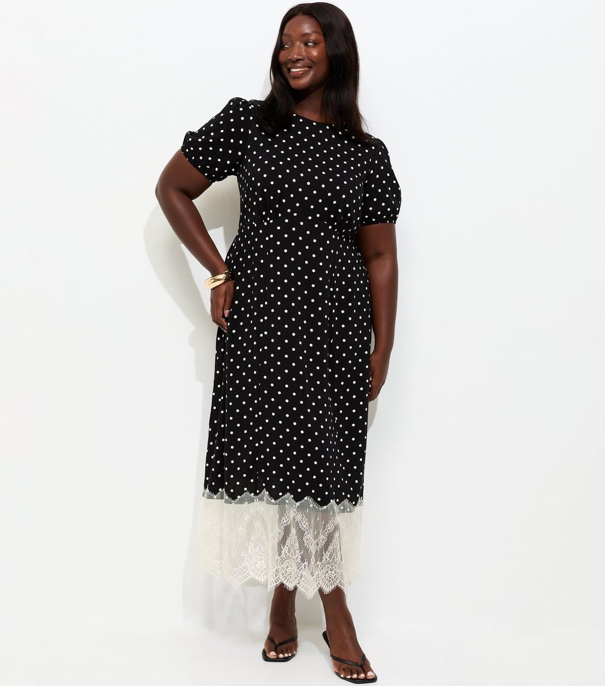 New Look Women's Plus Size Black Spot Print Lace Hem Midi Dress Curves New Look