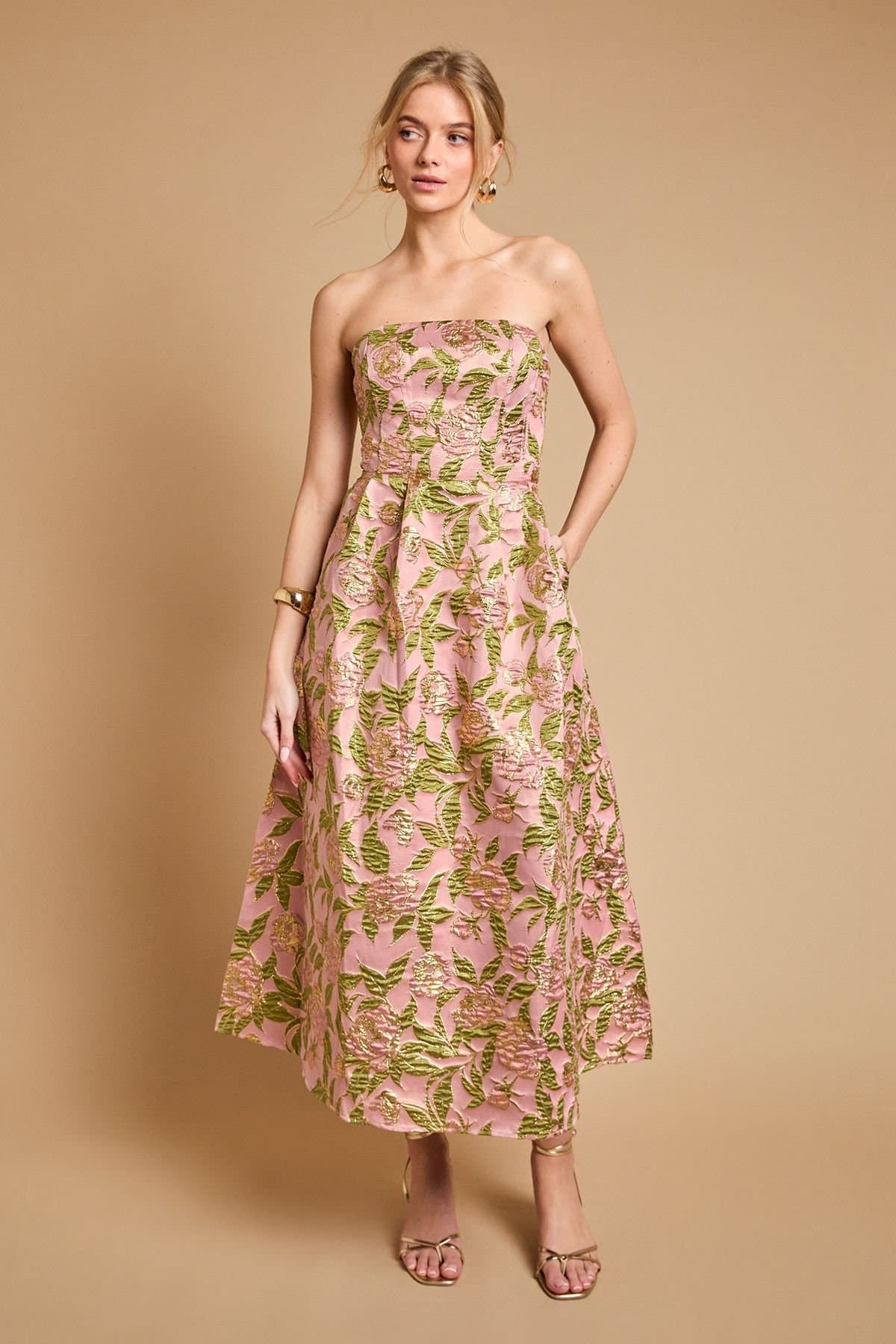 Oasis Oasis Women's Rose Jacquard Prom Midi Dress in Pink