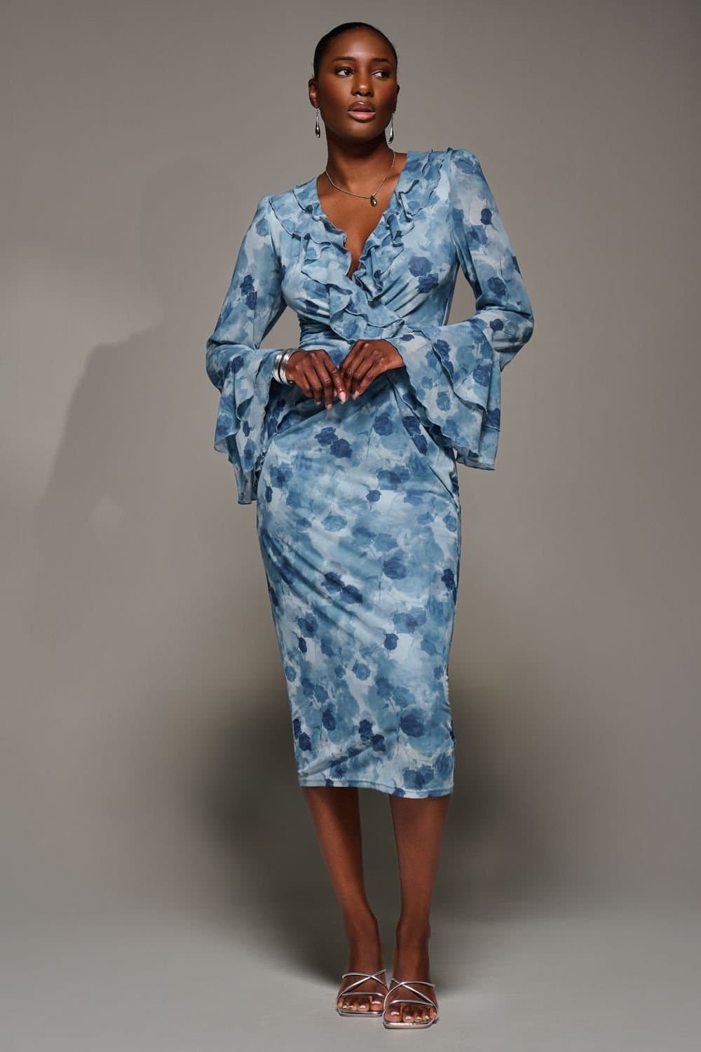 Jolie Moi Jolie Moi Women's Frill Sleeve Pleated Wrap Midi Dress in Blue