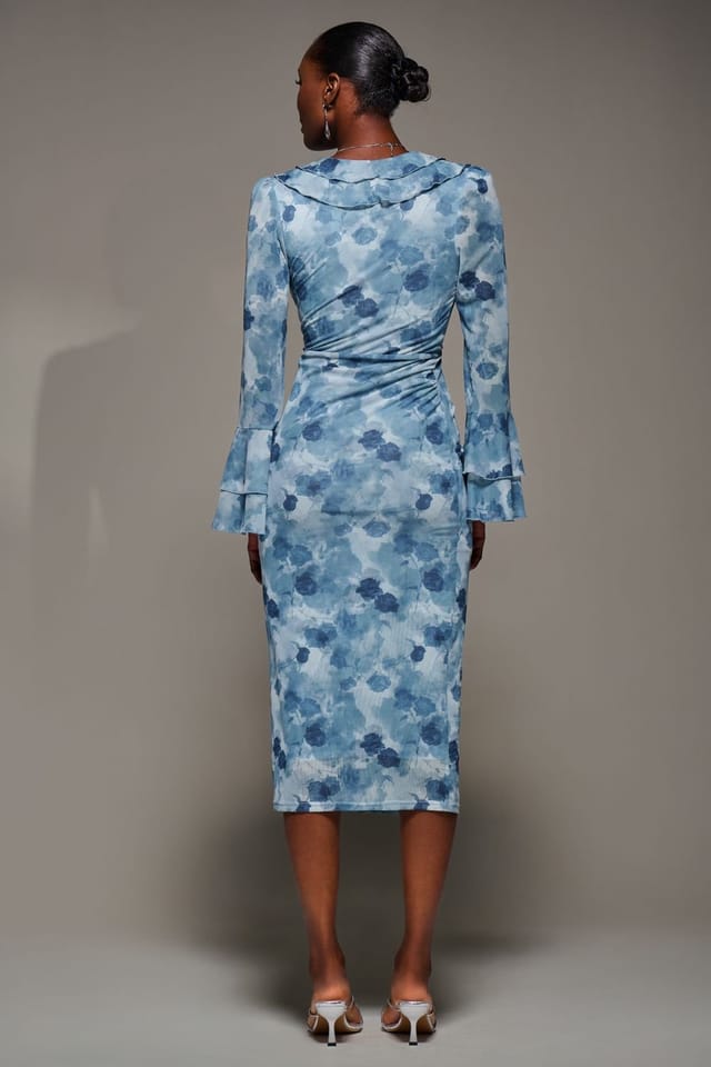 Jolie Moi Jolie Moi Women's Frill Sleeve Pleated Wrap Midi Dress in Blue - 2