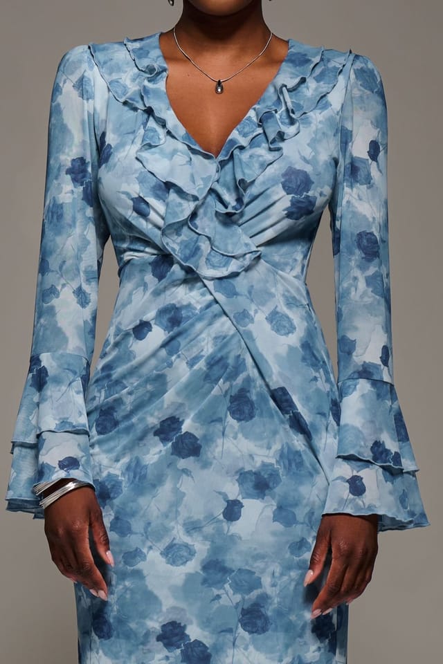 Jolie Moi Jolie Moi Women's Frill Sleeve Pleated Wrap Midi Dress in Blue - 3