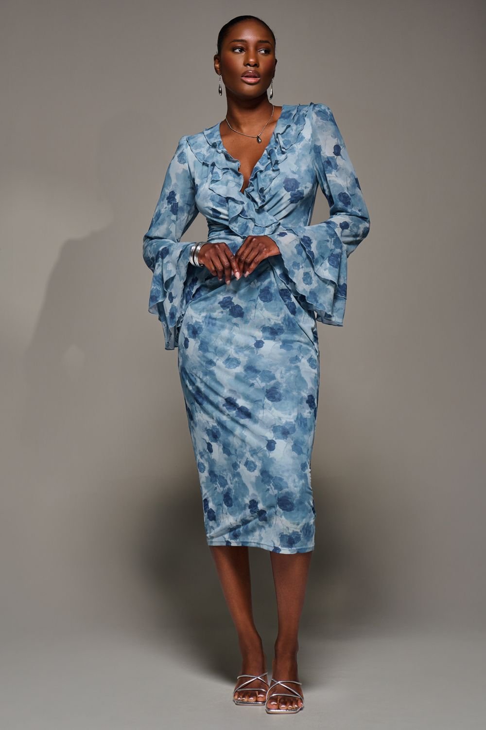 Jolie Moi Jolie Moi Women's Frill Sleeve Pleated Wrap Midi Dress in Blue - 4