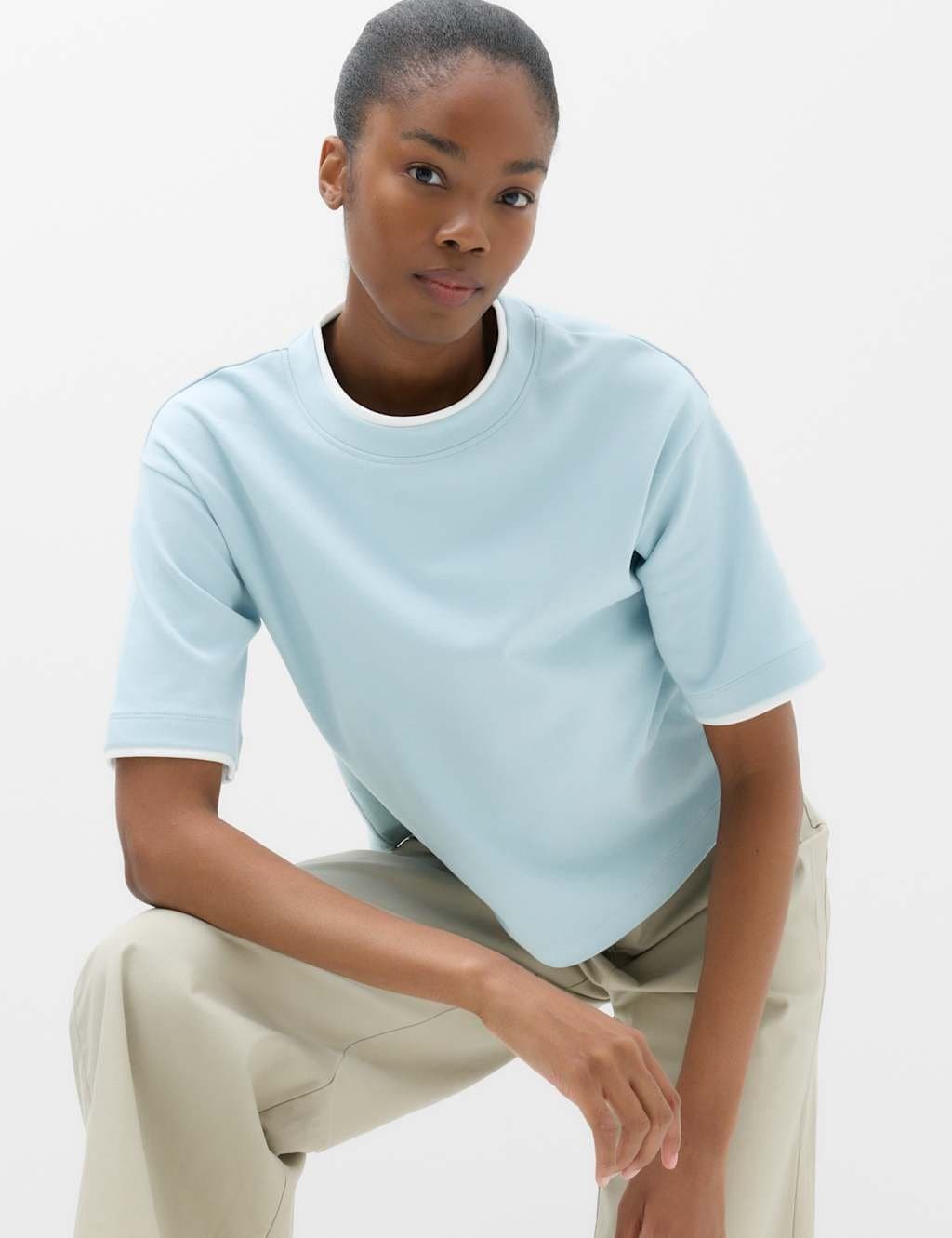 Marks & Spencer M&S Pure Cotton Double Layer Boxy T-Shirt Faded Blue