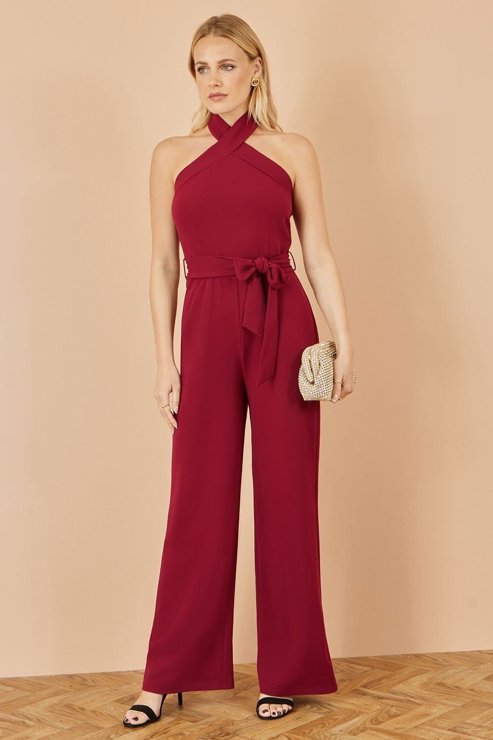 Yumi Yumi Women's Burgundy Cross Over Halter Neck Jumpsuit