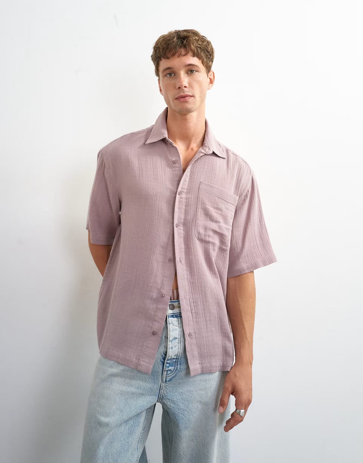 ASOS Topman oversized fit textured cheesecloth short sleeve shirt in washed lilac - 1