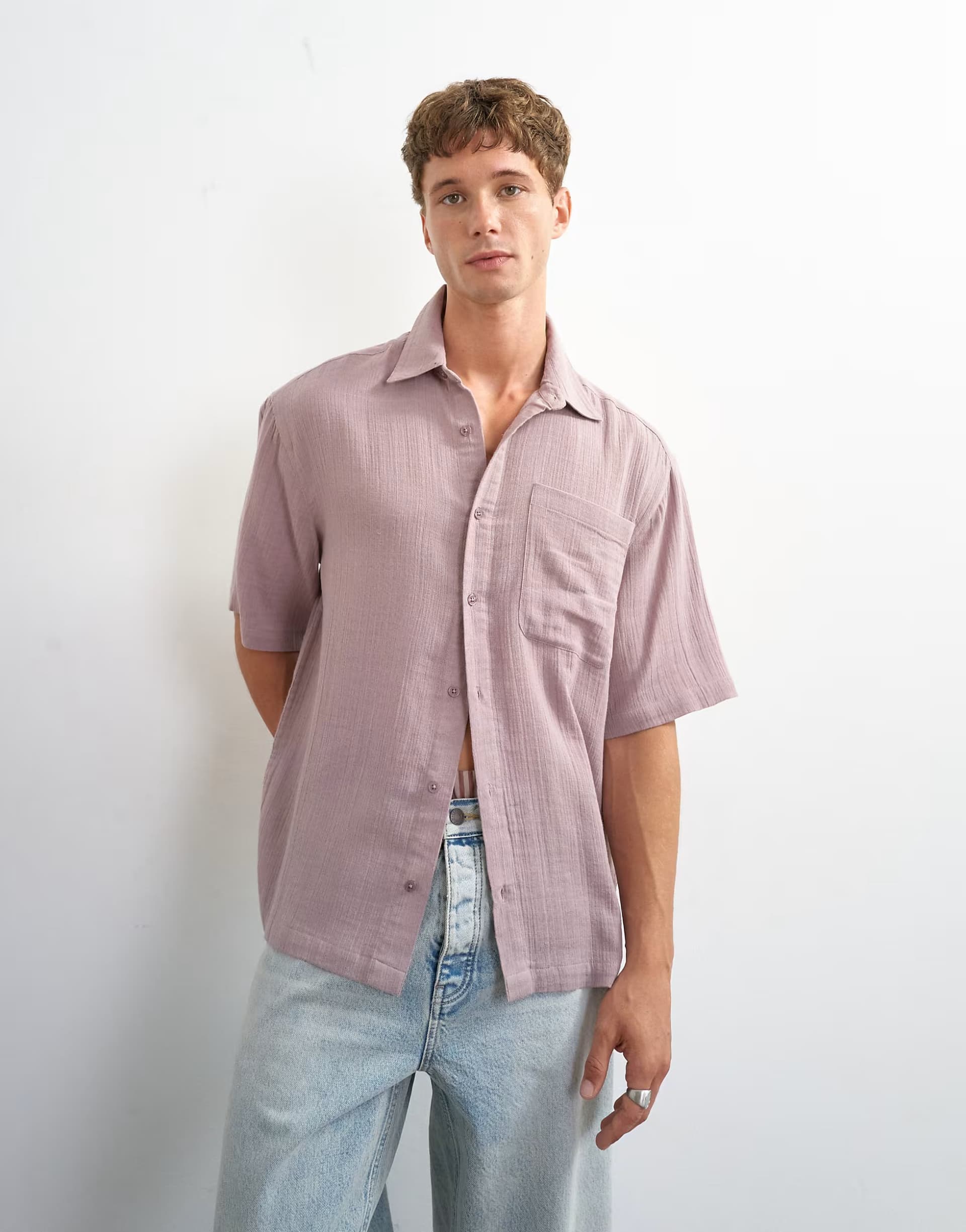 ASOS Topman oversized fit textured cheesecloth short sleeve shirt in washed lilac