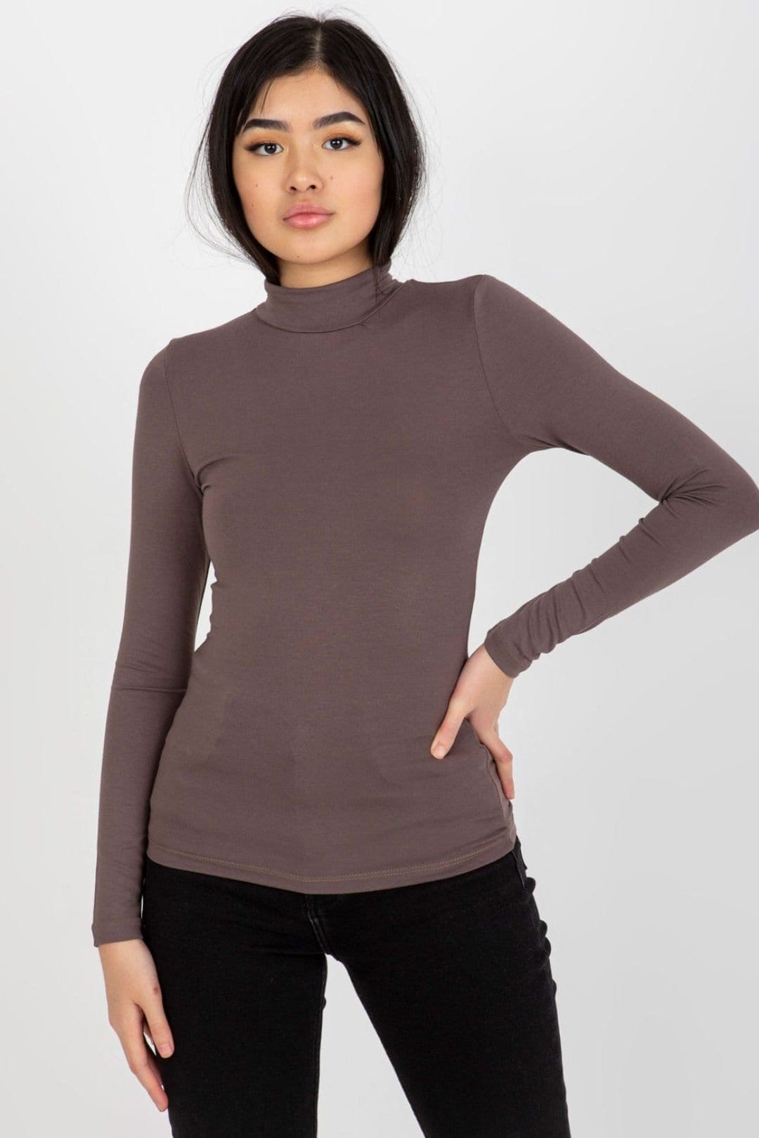 Love Lace Brown Fitted Long Sleeve Turtleneck Top