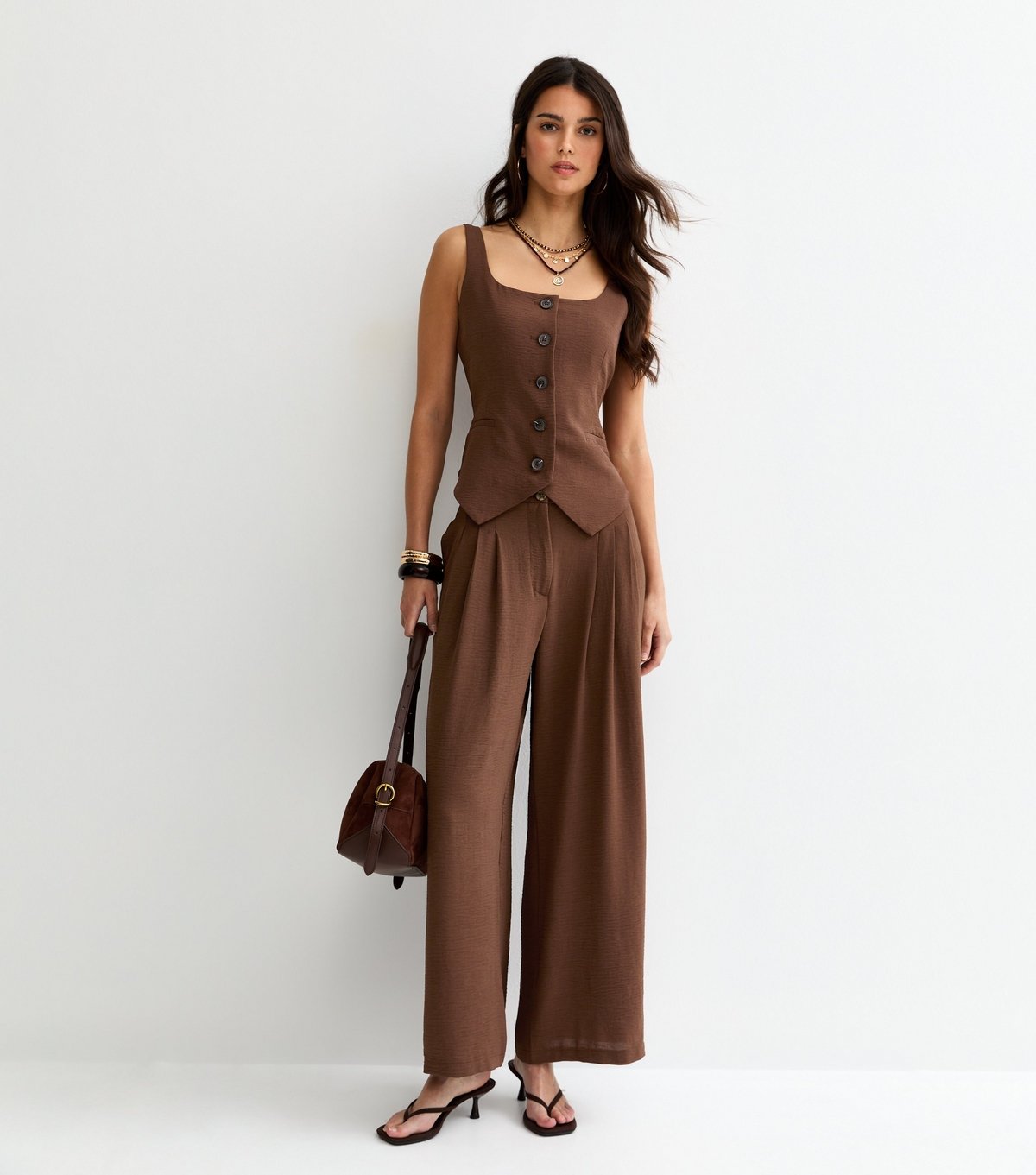 New Look Women's Dark Brown Scoop Neck Button Up Waistcoat New Look - 3