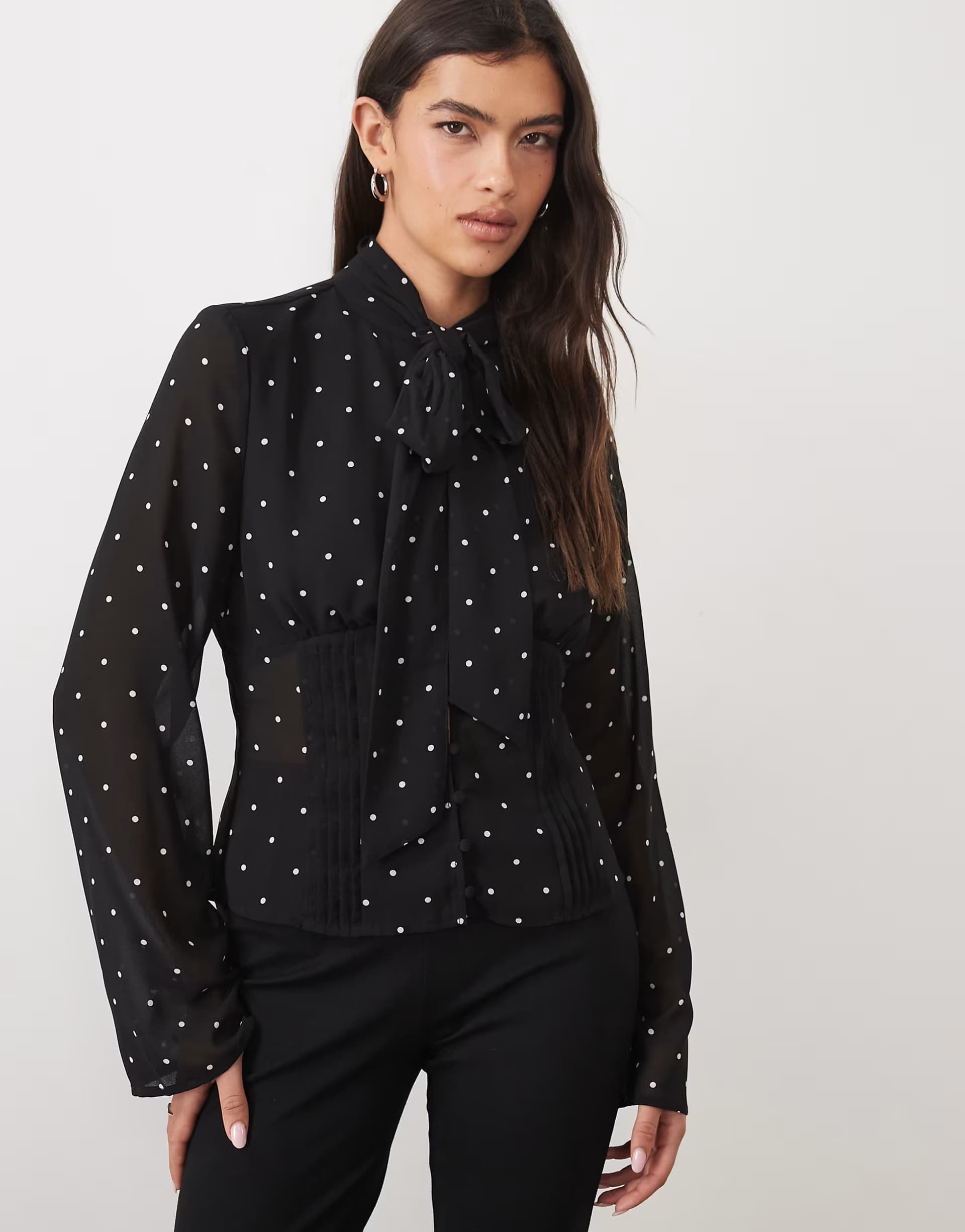 ASOS Gina Tricot scarf detail corset blouse in black polka dot