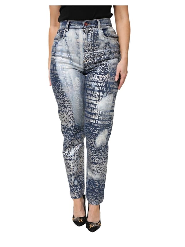 Dolce & Gabbana Dolce & Gabbana Women's Blue Washed Print High Waist Denim Jeans - 2